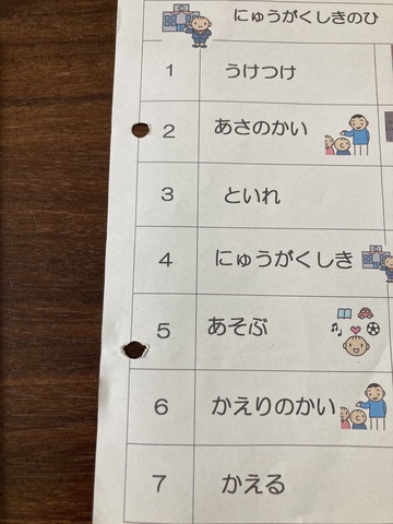 ぼんちょが通う学校の入学式当日のスケジュールが載ったプリントの画像