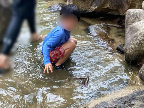 お尻をつけたくなくて水場にしゃがむぼんちょ