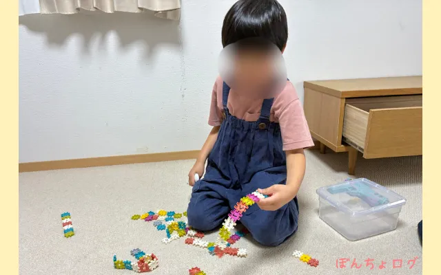 ダイソーで購入したブロックで遊ぶぼんちょ